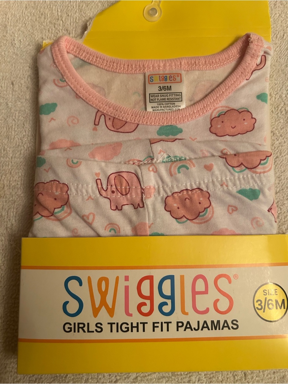 Swiggles Girls Pink Elephant & Cloud Pajama Set - Soft Cotton 3/6M
